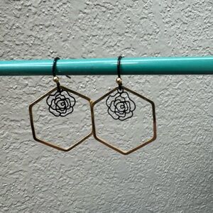 Handcrafted Gold and Black Hexagon Rose Earrings